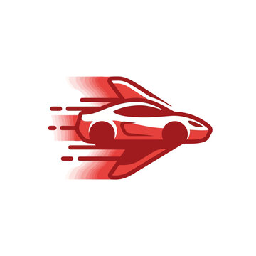 Speeding red sports car logo with wings and motion trails