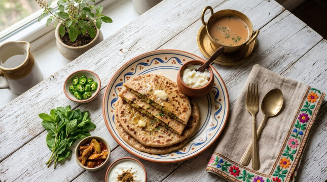 Aloo Paratha Fresh Homemade Flatbread on Rustic Indian Breakfast Table