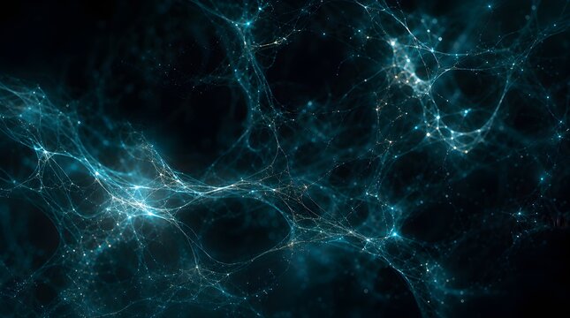 Glowing microscopic neural pathways and organic energy field, teal and blue abstract background
