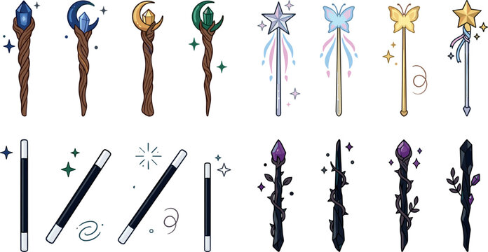 Magic Wand and Wizard Staff Icon Set with Crystal Gems Fairy Stars and Sorcerer Sticks for Fantasy Game Assets Graphic Designs Vector Illustration