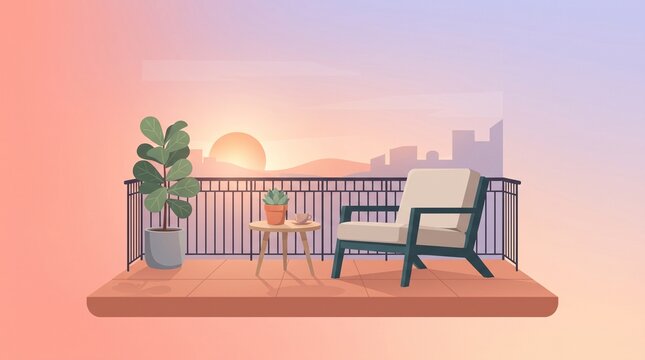 Peaceful balcony at sunset featuring a lounge chair, potted plant and small table, capturing a relaxing late afternoon atmosphere with soft pastel colors.