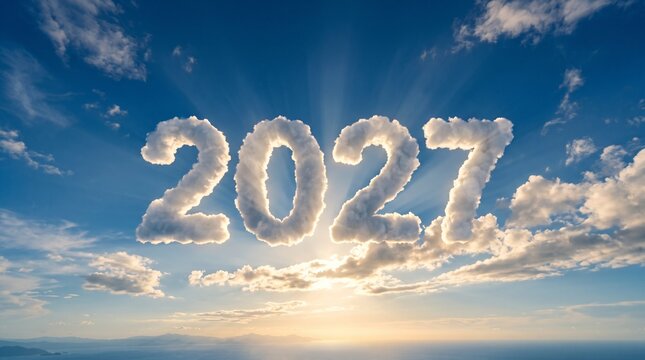 The year 2027 formed by clouds against a bright blue sky with sun rays symbolizing the future and new beginnings