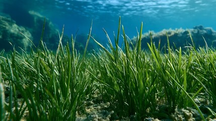 Obraz premium Underwater view of vibrant green seagrass swaying gently in clear blue water with sandy bottom and rocky background