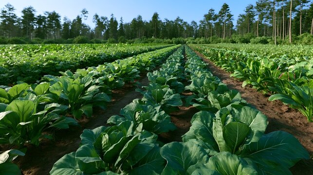Rows of vibrant green leafy vegetables grow in neat lines across a fertile field bordered by tall trees under a clear blue sky