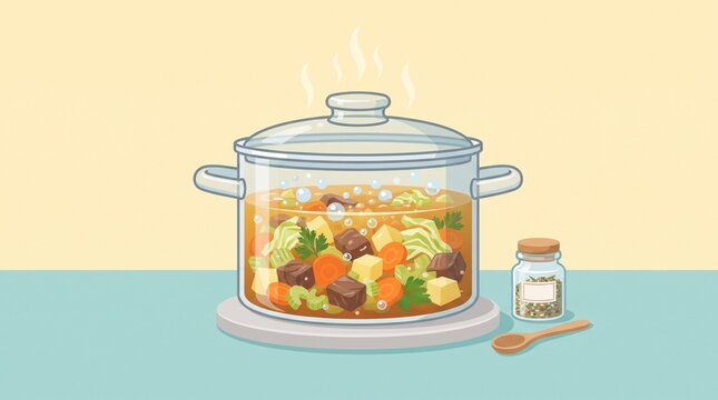 Warm beef and vegetable stew simmering in a clear pot with cabbage, carrots, potatoes and celery, highlighting wholesome homemade cooking in pastel colors.