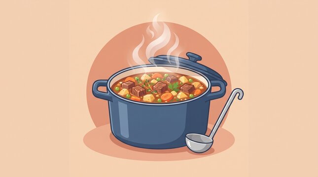 Warm beef stew simmering in a pot with tender meat, vegetables and herbs, creating a cozy homemade comfort food concept with soft pastel styling.