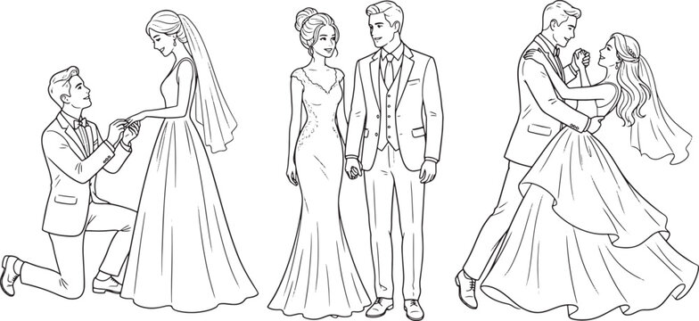 Set of wedding couple illustrations showing proposal standing and dancing poses in black and white line art