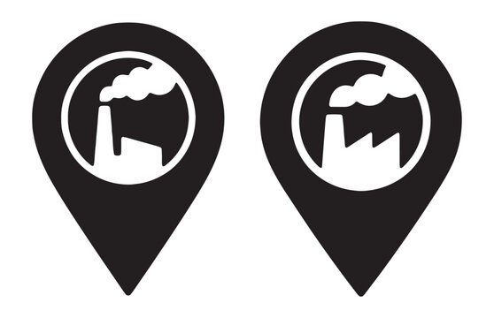 Industrial factory location pins showing black silhouettes of manufacturing plant with smoke stacks.