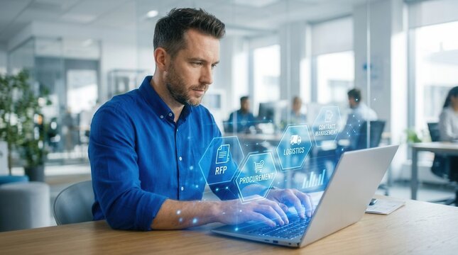 Businessman working on a laptop with RFP Request for Proposal process icons.