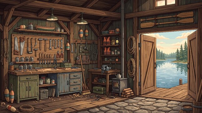Rustic wooden workshop interior with organized hand tools and open doors overlooking a calm lake