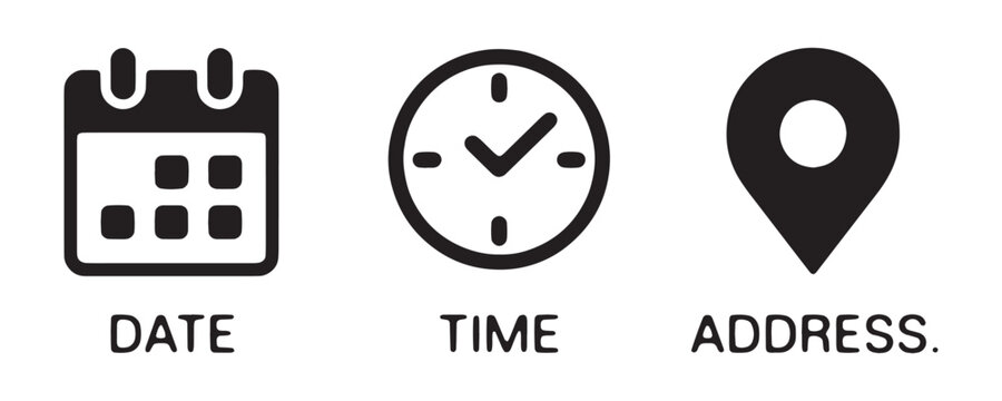 Calendar clock and address pin icons representing date time and location for planning events.