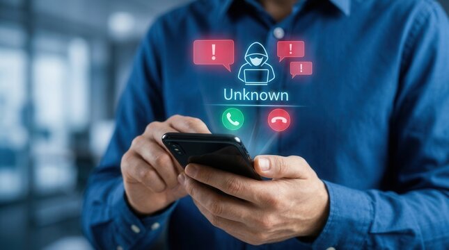 Person using a smartphone with unknown caller warning and phone scam protection alerts.