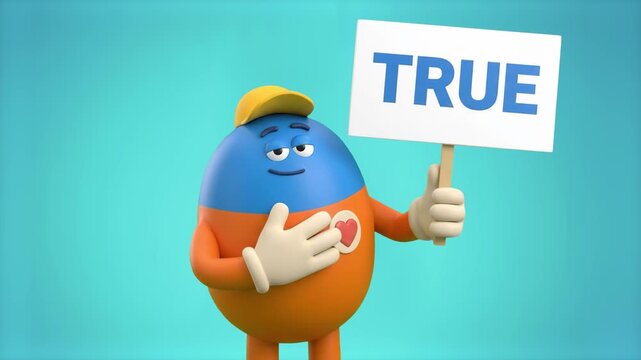 Detailed 3D CGI rendering of a cute blue and orange character holding a "TRU..." sign isolated on a solid blue background. Suitable for fact-checking videos, truth concepts, truthful promos, and creat