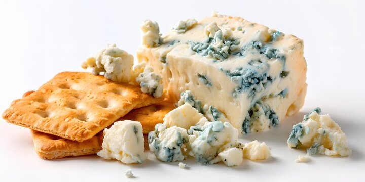 Wedge of blue cheese with crumbled pieces and square crackers on a white background