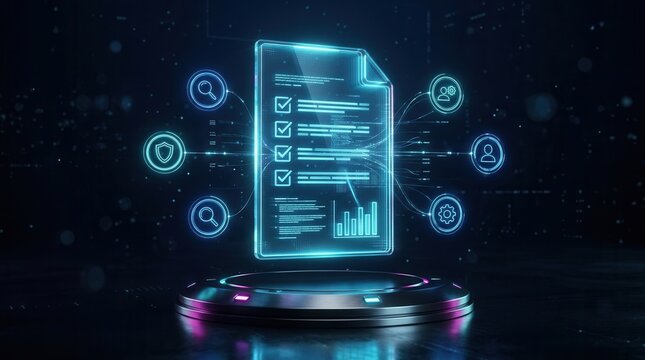 Glowing digital document with interconnected icons for comprehensive data management.