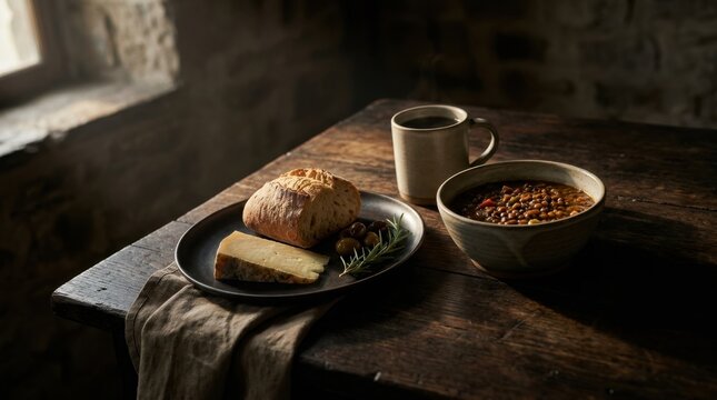 Traditional Rustic Meal with Lentil Soup Crusty Bread and Cheese on a Vintage Wooden Table in a Moody Room