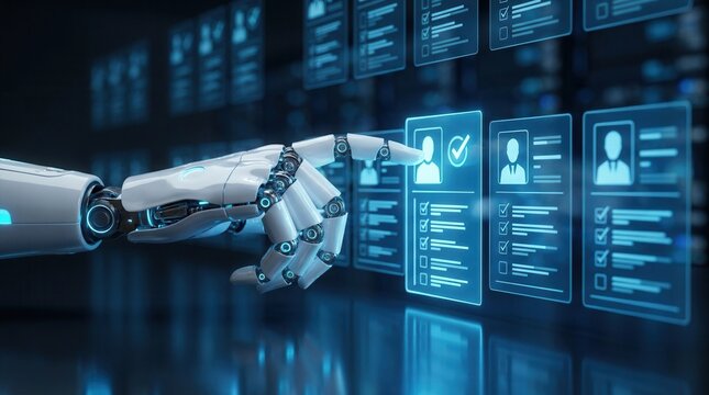 Advanced AI robot hand selecting an ideal candidate profile on a glowing digital screen.
