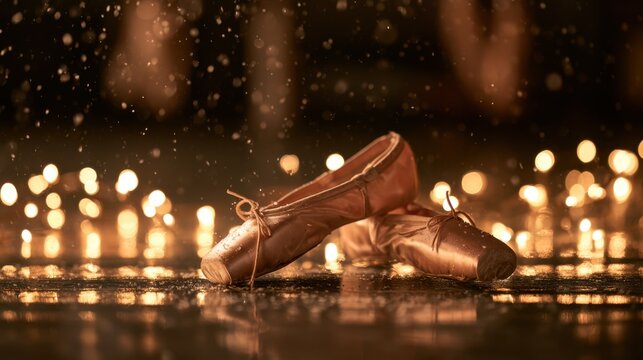 Elegant ballet pointe shoes placed on a reflective surface with warm bokeh lights in the background, showcasing grace and dance artistry