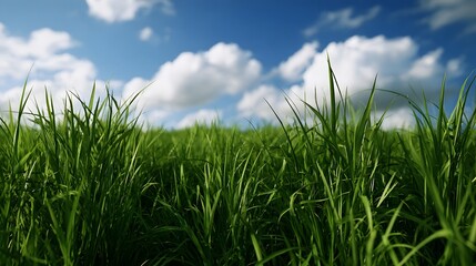 Fototapeta premium Lush green grass blades rise under a bright blue sky with fluffy white clouds evoking a sense of calm and natural beauty