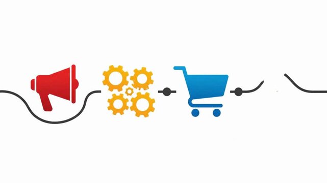 A clean business infographic animation visually representing the progression from awareness to consideration, purchase, and customer retention using universally recognizable flat icons.