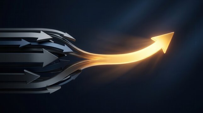 Multiple dark arrows merge into a single bright golden arrow representing strategic growth.
