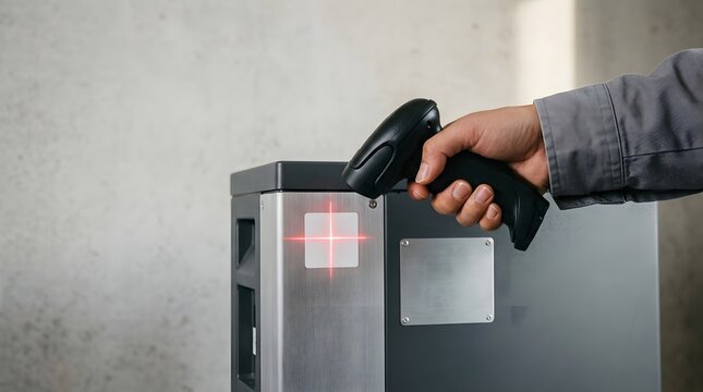 Worker scanning barcode label on industrial equipment with handheld barcode reader
