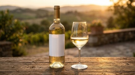 Obraz premium An elegant white wine bottle with an empty label next to a stemmed glass on a rustic wooden surface.