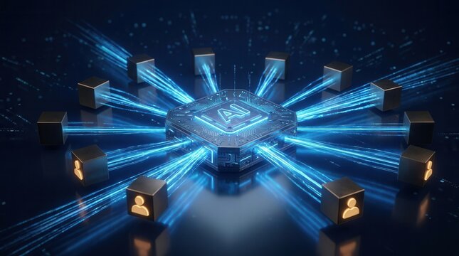 Centralized Artificial Intelligence Hub connecting multiple users in a digital network.