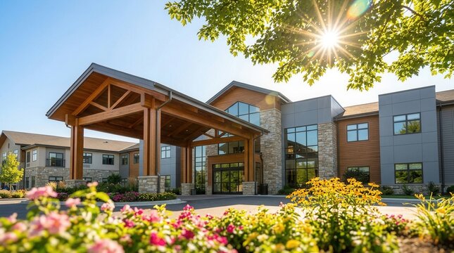 Modern care home exterior featuring an inviting entrance and landscaped gardens.