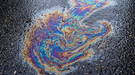 Obraz premium Colorful oil slick on asphalt, abstract patterns, environmental pollution
