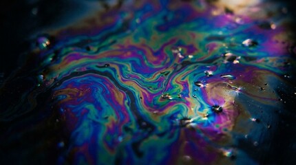 Obraz premium Colorful oil slick on water, abstract iridescent pattern with bubbles