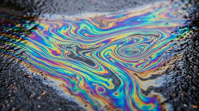 Colorful Oil Slick on Asphalt Road Surface