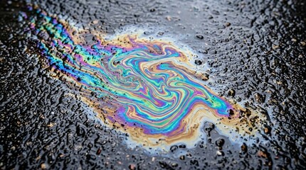 Obraz premium Colorful Oil Spill on Asphalt Road Surface - Abstract Pattern
