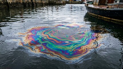 Obraz premium Colorful Oil Spill on Water Surface near Boat and Harbor