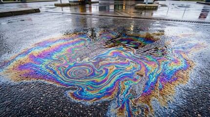 Obraz premium Colorful Oil Spill on Wet Asphalt Reflecting Rainbow Hues