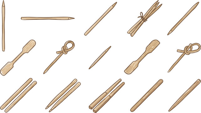 Wooden Toothpicks and Bamboo Skewers Vector Element Set with Tied Knots Mini Paddles and Chopsticks for Catering Food Styling and Party Decorations