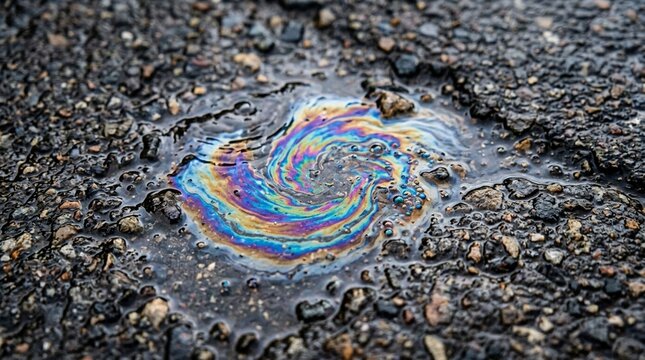 Colorful oil slick swirl on wet asphalt pavement surface