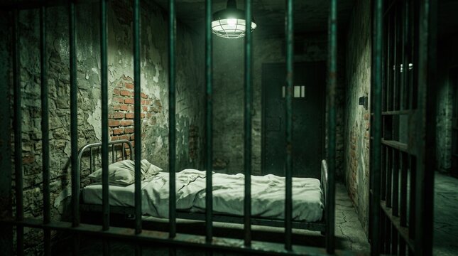 Dark prison cell with metal bars and an empty bed under green light.