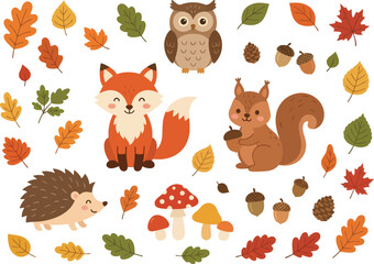 Obraz premium Cute woodland animals and autumn forest elements collection.