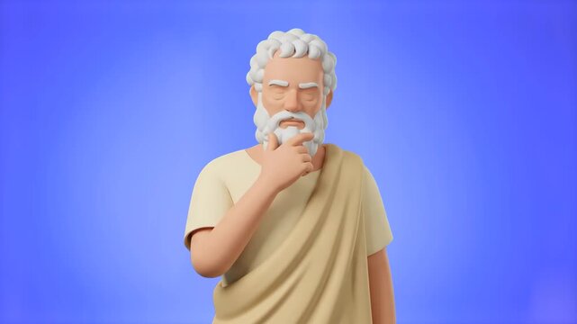 A 3D animated ancient Greek philosopher character with white hair and beard in a thinking pose touching his chin on a blue studio backdrop. Perfect for philosophy presentations, e-learning platforms, 