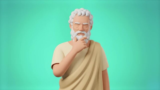 A 3D animated ancient Greek philosopher character with white hair and beard in a thinking pose touching his chin on a mint green studio backdrop. Ideal for educational app promos, wisdom concepts, his