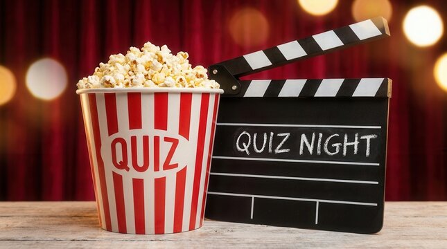 A red and white striped popcorn bucket with the word QUIZ next to a film clapperboard.