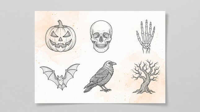 Halloween illustration vector set with jack o lantern pumpkin skull skeleton hand bat raven and dead tree