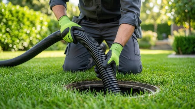 Professional plumber in green gloves inserting a hose into an outdoor drain for wastewater management.