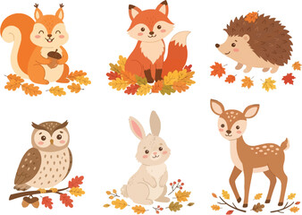 Fototapeta premium A collection of cute woodland animals including a squirrel fox hedgehog owl rabbit and deer in an autumn theme.