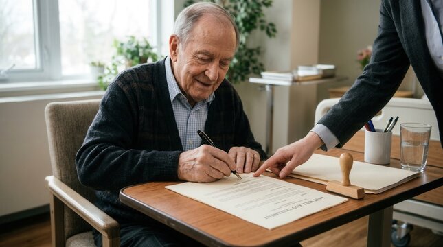 Elderly Man Signing Legal Document With Professional Guidance