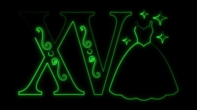 XV Anos Neon Animation with Glowing Green Quincea&ntilde;era Dress and Elegant Lettering on Black Background, Quincea&ntilde;era Celebration, Sweet 15 Birthday, Mexican Party, Luxury, Love  Festive Motion Graphic