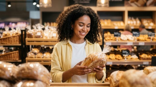 A young woman shopping for fresh bread in a modern supermarket bakery section.