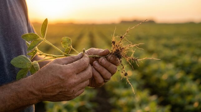 Agronomist inspecting soybean plant roots in a cultivated field at sunset.