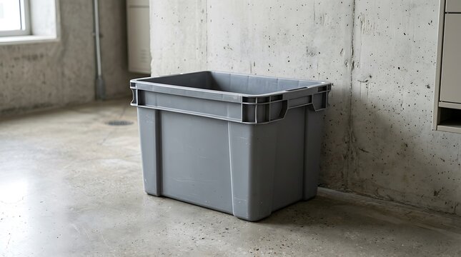 A durable 55 gallon industrial plastic storage crate container on a concrete floor inside a warehouse facility.